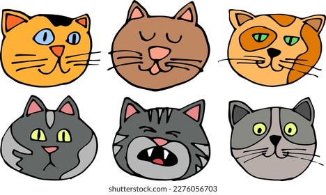 Set of funny cat faces. Vector, isolated. stickers. Red, brown and gray cat. 