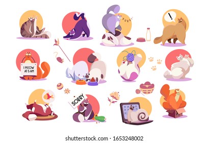 Set of funny cat icons, cute pet cartoon character vector illustration. Domestic animal stickers collection, cat in different poses, situations and emotions. Funny cat playing, eating and sleeping