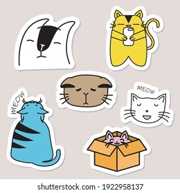 Set of funny cat icons, cute pet cartoon character vector illustration. Hand drawn characters. Sweet funny kittens