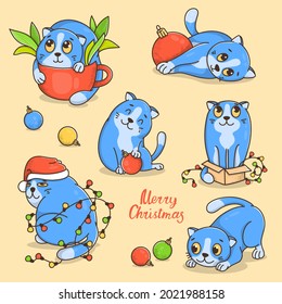 Set with a funny cat in a Santa hat and Christmas balls. The cat plays, rests and gets confused in the garlands. Colorful vector illustration. Christmas and New Year.