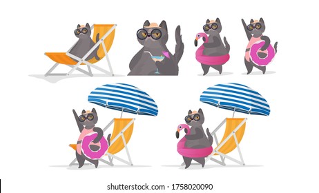 Set of funny cat stickers with a pink circle for swimming. Deckchair, umbrella. Cat in glasses and a hat. Good for stickers, cards and t-shirts. Funny banner on the theme of summer. Vector.