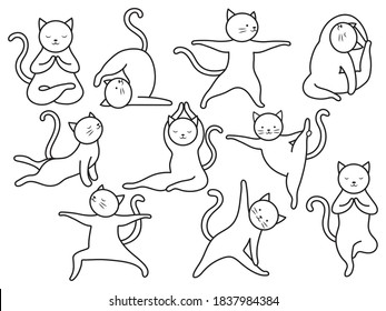 Set of funny cat yoga. Collection of various for kitten yoga poses and exercises. Humorous pet. Fluffy meditation. Vector illustration of cozy pets.