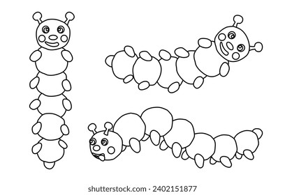 Set of funny caterpillars cartoon characters, doodle style flat vector outline for coloring book