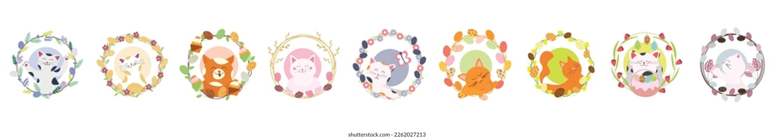 Set of funny cats with beautiful Easter wreaths on white backgro