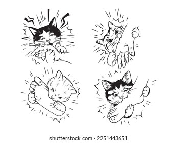 Set of funny cats biting the owner. Collection of domestic playful pets. Favorite animals. Vector illustration of cats for t-shirt design.