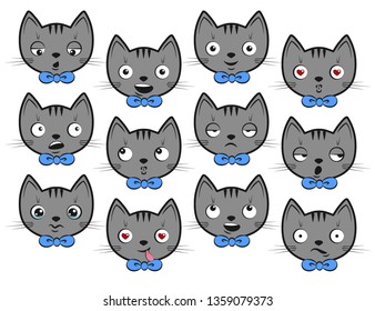 Set of funny cats with blue bow tie on the white background. Vector illustration in cartoon style