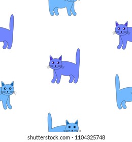 Set of funny cats blue and light blue color isolated by white background. Vector seamless illustration for kids.