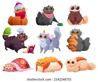 Set of funny cats cartoon characters, adorable home pets. Cute kittens playing, sleeping, cooking, wear trendy clothes. Feline lifestyle, petcare, adoption and love to animals Vector illustration