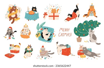 Set of funny cats celebrating Christmas. Pets playing with Christmas decorations. Kittens in sweaters and scarves with garlands, present, toys, Christmas wreath and tree. Hand drawn flat illustration