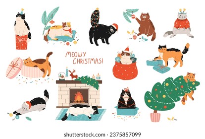 Set of funny cats celebrating Christmas with holiday decorations. Kittens in sweaters and hats with presents, toys, Christmas tree and fireplace. Vector flat design. Hand drawn cartoon style.