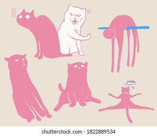 Set of funny cats characters design, quick paint doodle style in light pastel pink and blue color, hilarious and fun pets cartoon