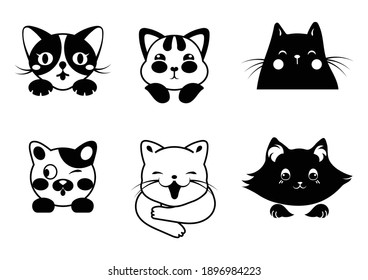 Set of funny cats. Collection of portraits of peeking cats. Playing pets. Spy animal. Cute paw pets. Vector illustration of pets. Tattoo.