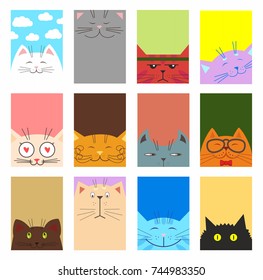 set of funny cats colorful, interesting, cute, with different emotions. Vector flat design.