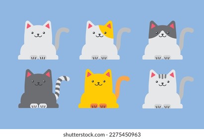 Eine Reihe lustiger Katzen in verschiedenen Farben. Flache Vektorgrafik, Cartoon
