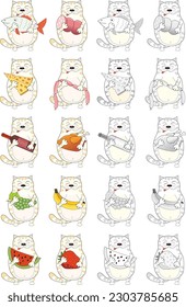 Set of funny cats with different food