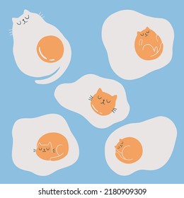 Set of funny cats and fried eggs. Hand draw cute cats in doodle style. Isolated vector element. For textiles, clothing, bed linen, office supplies.