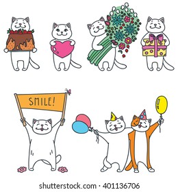 Set of funny cats with gifts, flowers, balloons etc isolated on white. Doodle vector illustration. Can be used for greeting cards, invitations, t-short prints or stickers.