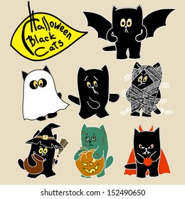 set of funny cats in Halloween costumes