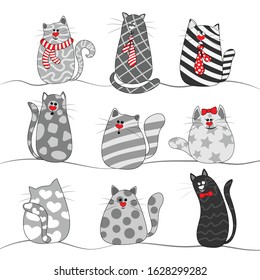 Set of funny cats with hearts. Valentine's Day.