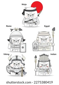 Set of funny cats historical warriors from different countries