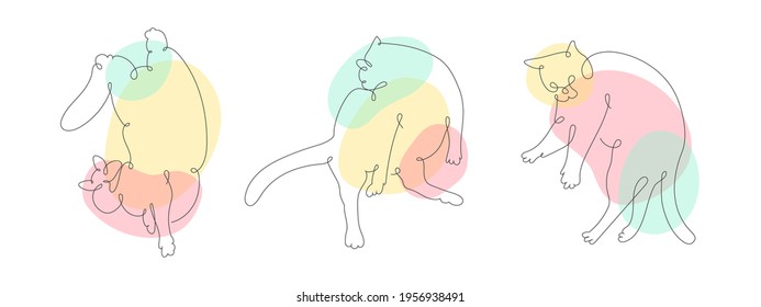 Set with funny cats isolated on white background and colorful spots. Trendy Line style. Hand drawn vector illustration. Poster, sticker, print, card design. Interior, clothes, t-shirts decor.