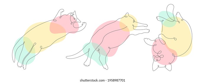 Set with funny cats isolated on white background and colorful spots. Trendy Line style. Hand drawn vector illustration. Poster, sticker, print, card design. Interior, clothes, t-shirts decor.