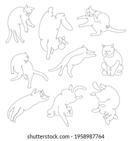 Set with funny cats isolated on white background. One Line style. Hand drawn vector illustration. Poster, sticker, print, card design. Interior, clothes, t-shirts decor.
