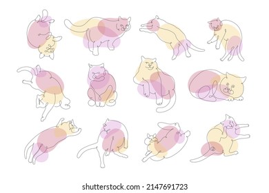 Set with funny cats isolated on white background and colorful spots. Trendy Line style. Adorable cat - symbol Chinese zodiac calendar. Hand drawn vector illustration. Poster, sticker, card design. 