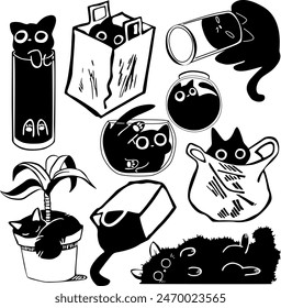 Set of funny cats in objects (box, package, aquarium, flower pot), vector