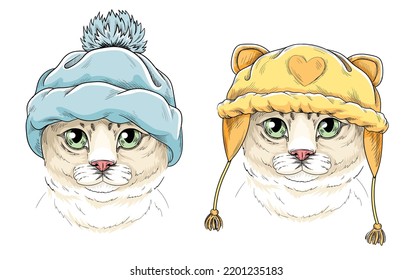 Set of funny cats. Portraits of cute kittens in warm winter hats with pom poms. Design elements for printing on paper or fabric. Cartoon watercolor vector collection isolated on white background