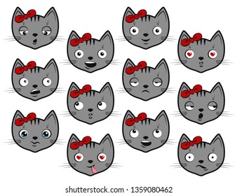 Set of funny cats with red bow on the white background. Vector illustration in cartoon style