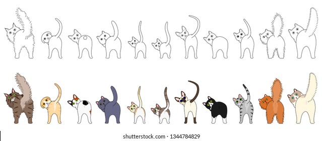 Set of funny cats showing their butts