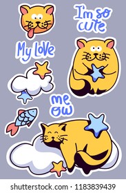 Set of funny cats stickers, badges, patches. Vector sketch illustration.