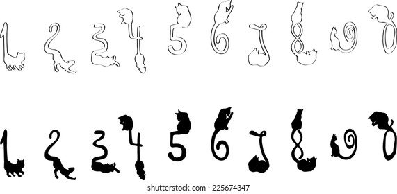 Set of funny cats with tails figured like numbers. Vector illustrations in two versions: black calligraphy contour and solid black
