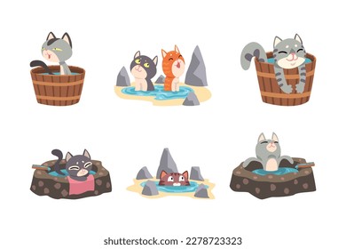 Set of funny cats taking japanese hot spring onsen bath cartoon vector illustration