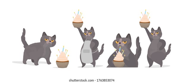 A set of funny cats that holds a festive cupcake. Sweets with cream, muffin, festive dessert, confectionery. Good for cards, t-shirts and stickers. Vector flat style.