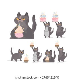 A set of funny cats that holds a festive cupcake. Sweets with cream, muffin, festive dessert, confectionery. Good for cards, t-shirts and stickers. Vector flat style.