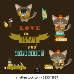 Set of funny cats travelers. Vector illustration