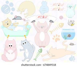 Set of funny cats. Vector animals illustration. Perfect for your craft projects, paper products, invitations, stationery, scrapbooks, web designs, stickers.