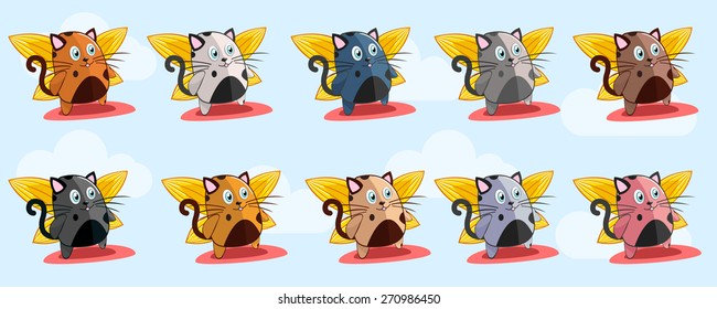 Set of funny cats with wings. Collection of flying cats