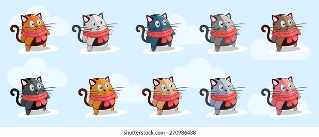 Set of funny cats for winter. Collection of cats