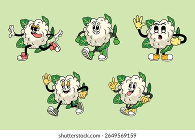 Set of funny cauliflower vegetable 70s retro comic cartoon characters