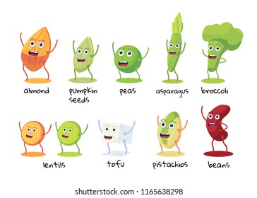 Set of funny character of foods high in protein . Beans, broccoli, asparagus, tofu, peas, lentils, almonds, pistachios, pumpkin seeds. Vegan protein resource. Flat vector illustration.