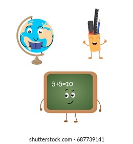 Set of funny characters from blackboard, globe, school supplies. Vector illustration in cartoon style on a white background.