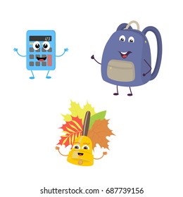 Set of funny characters from calculator, school bag, bell. Vector illustration in cartoon style on a white background.