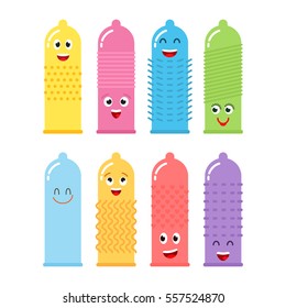 set of funny characters in the cartoon style of condoms. flat vector illustration isolate on a white background. easy to use