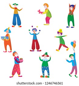 Set of funny characters clowns in beautiful colored clothes with different accessories for the circus. Clowns are having fun, laughing and doing different crazy things.