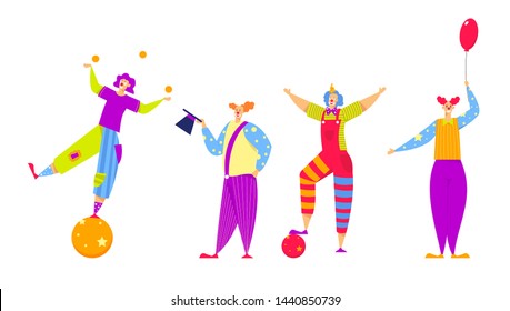 Set of Funny Characters in Costumes for Circus Show or Entertainment. Men and Women Clowns, Animators in Funny Clown Suit, Huge Boots, Curly Ginger Wig and Red Nose. Cartoon Flat Vector Illustration