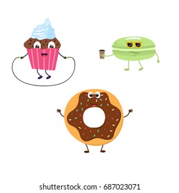 Set of funny characters from cupcake, donut, macaroon. Vector illustration in cartoon style on a white background.