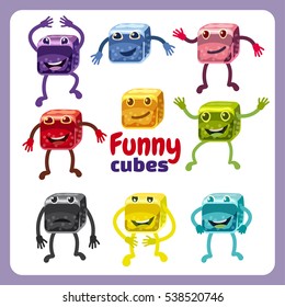 Set of funny characters funny dice in different poses and emotions, for games and applications, cartoon style, vector illustration